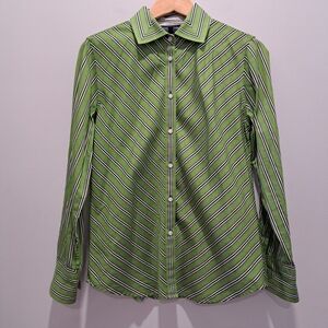 Jones NY Green Striped Classic Preppy Academia Office Button Down Shirt Womens M